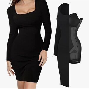 Popilush Built-In Shapewear Long Sleeve Midi Black Dress